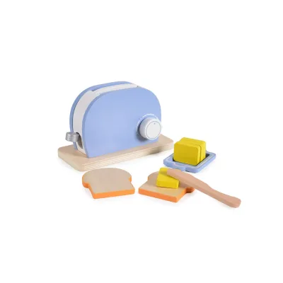 Moni Spielzeug Toaster 4341 Set Holz, Drehknopf, Butter, Messer, Toastscheiben hellblau
