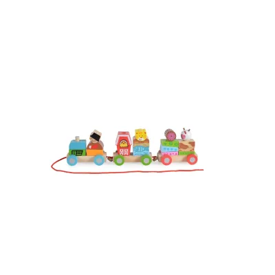 Moni Spielzeug Zug 2036, Bauernzug aus Holz, Formsortierspiel, 1 Lok, 2 Waggons bunt