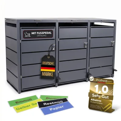Mülltonnenbox 3er mit Pedal, 120L bis 240L, für Drei Tonnen, Metallverkleidung aus verzinktem Stahl, Anthrazit Grau RAL7016, abschließbar, wetterfest, ISO9227, mit Aufkleber Set