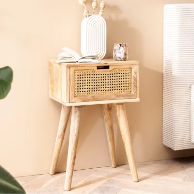 Nachtkonsole Massivholz Rattan & Schublade Nachttisch Boho Design Nachtkästchen
