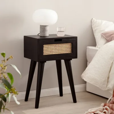 Nachtkonsole Massivholz Schwarz Rattan Schublade Nachttisch Nachtkästchen Boho