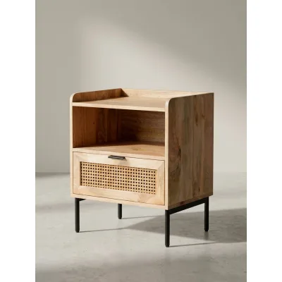 Nachttisch – Mango Massivholz/Rattan, 50x60x40 cm, 1 Schublade, Wiener Geflecht