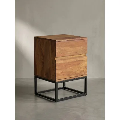 Nachttisch – Massivholz/Metall, 40x38x60 cm, 2 Schubladen, Industrial-Stil