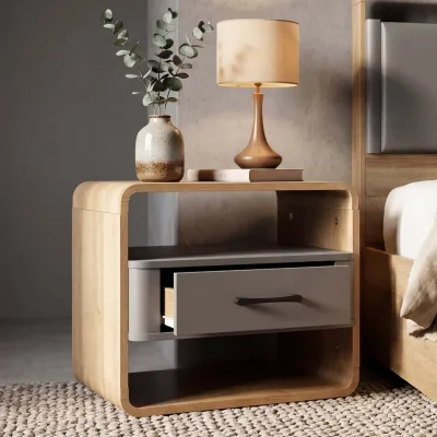 Nachttisch MCW-P43, Nachtkasten Nachtschrank Nachtkommode, Schublade MDF 40x48x44cm ~ Rivera-Eiche-Optik, dunkelgrau