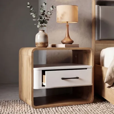 Nachttisch MCW-P43, Nachtkasten Nachtschrank Nachtkommode, Schublade MDF 40x48x44cm ~ Wotan-Eiche-Optik, weiß