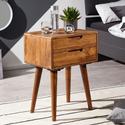 Nachttisch Sheesham Massivholz 2 Schubladen Nachtkästchen Nachtkonsole Retro