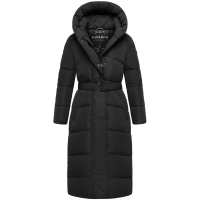 NAVAHOO Damen Steppmantel Lang Stepp Winterjacke gefüttert Anorak Parka mit Gürtel & Kapuze Eisblick