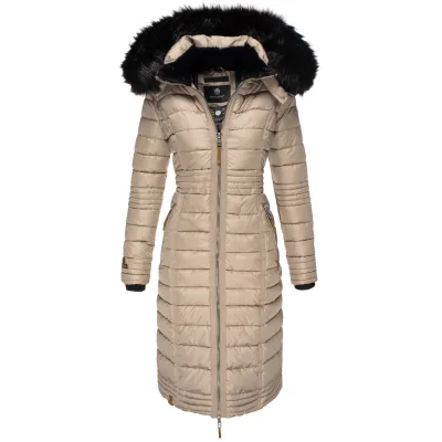 NAVAHOO Damen Wintermantel langer Winter Steppmantel mit Kunstfellkapuze Umay