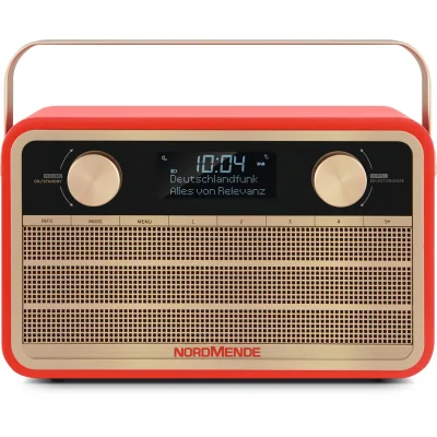 Nordmende Transita 120   Portables DAB+/UKW Retroradio, Akku, Tragegriff   grün rot