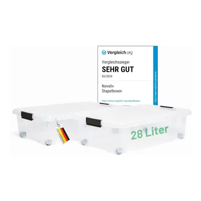 Novaliv 2x Unterbettkommode mit Rollen 28L Aufbewahrungsbox Deckel transparente Nestbar stapelbare mit Clipverschluss Rollkiste BPA-frei 61x40x17 cm