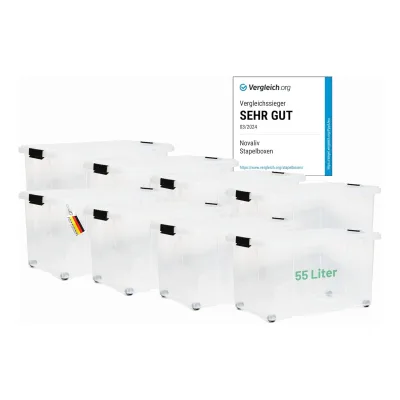 Novaliv 8x Aufbewahrungsboxen mit Deckel Groß 55L transparente Nestbar stapelbar mit Clipverschluss Rollboxen Kunststoff BPA-frei 61x40x32,5 cm