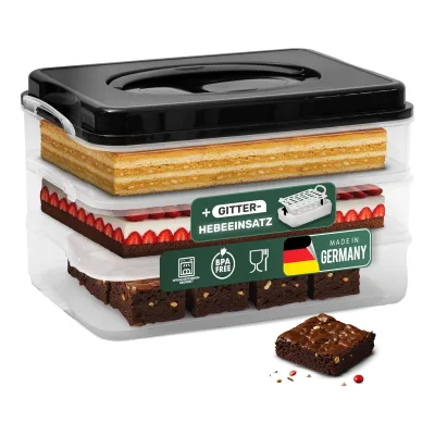 Novaliv Kuchen-Transportbox mit drei Etagen und Deckel und Einlage (Rechteckig 40 x 30 cm) Aufbewahrungsbox mit Sicherheitsverschluss Party-Box Container Tortentransportbox Tortenbehälter