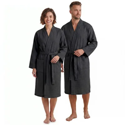 NYVI Bademantel NYVISpa Waffelpique - Unisex Saunamantel für Damen & Herren aus 100% Baumwolle - luftig leichter & atmungsaktiv Farbe:Schwarz;Größe:L