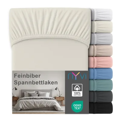 NYVI Feinbiber Spannbettlaken Deluxe für Matratzen bis 25 cm Steghöhe - Extra Warm & Weich, 100% Baumwolle, Bügelfrei, Vorgekrumpft Farbe:Creme;Größe:90x200 cm