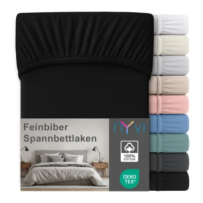 NYVI Feinbiber Spannbettlaken Deluxe für Matratzen bis 25 cm Steghöhe - Extra Warm & Weich, 100% Baumwolle, Bügelfrei, Vorgekrumpft Farbe:Schwarz;Größe:90x200 cm