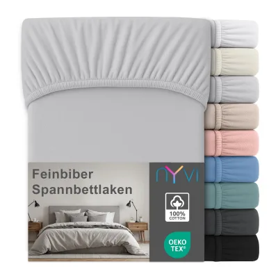NYVI Feinbiber Spannbettlaken Deluxe für Matratzen bis 25 cm Steghöhe - Extra Warm & Weich, 100% Baumwolle, Bügelfrei, Vorgekrumpft Farbe:Silber;Größe:90x200 cm