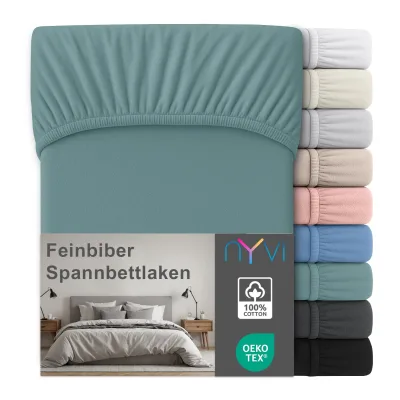 NYVI Feinbiber Spannbettlaken Deluxe für Matratzen bis 25 cm Steghöhe - Extra Warm & Weich, 100% Baumwolle, Bügelfrei, Vorgekrumpft Größe:90x200 cm;Farbe:Lindgrün