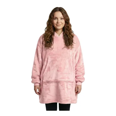 NYVI IamFlauschi Hoodie Decke mit Ärmeln, Kapuze und Kängurutasche - Mit flauschiger Sherpa Innenseite - Tragbare Flanell Decke zum Anziehen für Erwachsene & Jugendliche Farbe:Rosé-Pink;Größe:L/XL 95x95 cm
