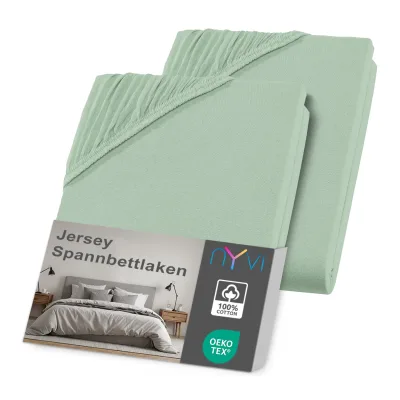 NYVI Jersey Spannbettlaken DreamScience für Matratzen bis 22 cm Höhe - Weich & Anschmiegsam, Rundumgummizug, Bügelfrei Farbe:eukalyptus;Größe:140x200 - 160x200 cm (2er Pack)