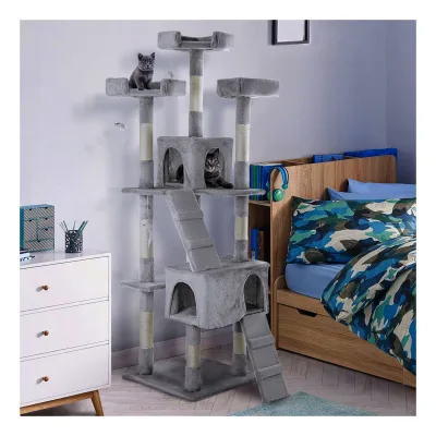 NYVI Katzen Kratzbaum Diego 170 cm Grau - Deluxe Katzenbaum mit Katzenhöhlen, 3 Plattformen und Sisal Kratzsäule