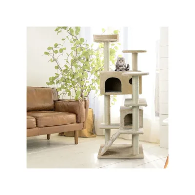 NYVI Katzen Kratzbaum Sammy 132 cm Beige - Deluxe Katzenbaum mit 2 Katzenhöhlen, 3 Plattformen und Sisal Kratzsäule