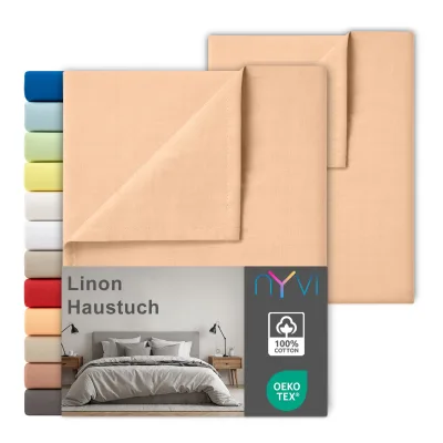 NYVI Linon Deluxe Bettlaken ohne Gummizug aus 100% atmungsaktiver Baumwolle - Betttuch auch als Sommerdecke nutzbar Farbe:Apricot;Größe:150x250 cm (2er Set)