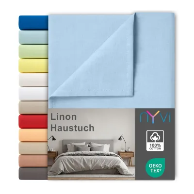 NYVI Linon Deluxe Bettlaken ohne Gummizug aus 100% atmungsaktiver Baumwolle - Betttuch auch als Sommerdecke nutzbar Farbe:Hellblau;Größe:150x250 cm