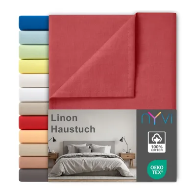 NYVI Linon Deluxe Bettlaken ohne Gummizug aus 100% atmungsaktiver Baumwolle - Betttuch auch als Sommerdecke nutzbar Farbe:Rot;Größe:150x250 cm