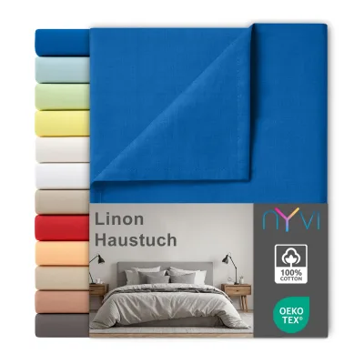 NYVI Linon Deluxe Bettlaken ohne Gummizug aus 100% atmungsaktiver Baumwolle - Betttuch auch als Sommerdecke nutzbar Farbe:Royalblau;Größe:150x250 cm