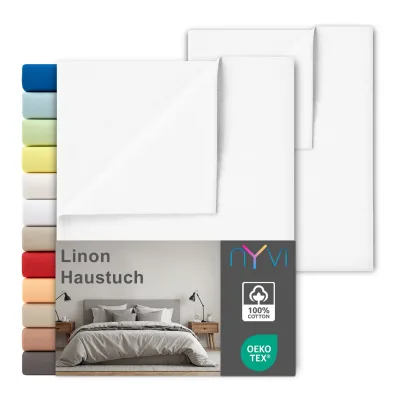 NYVI Linon Deluxe Bettlaken ohne Gummizug aus 100% atmungsaktiver Baumwolle - Betttuch auch als Sommerdecke nutzbar Farbe:Weiß;Größe:240x260 cm (2er Set)