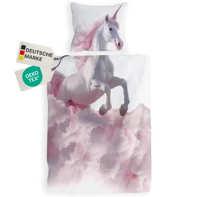 NYVI Renforce Kinderbettwäsche Deluxe aus 100% Baumwolle magischer Druck - Kindergesicht ergänzt Muster, Reißverschluss Größe:135x200 cm;Farbe:Einhorn