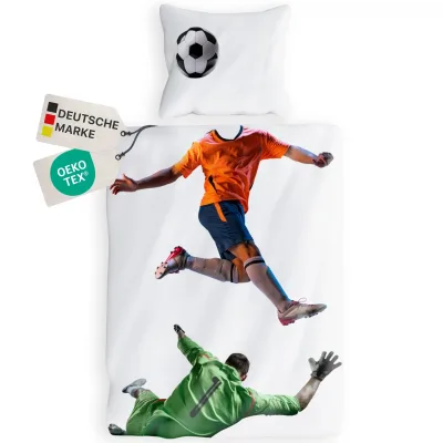 NYVI Renforce Kinderbettwäsche Deluxe aus 100% Baumwolle magischer Druck - Kindergesicht ergänzt Muster, Reißverschluss Größe:135x200 cm;Farbe:Fußball