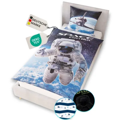 NYVI Renforce Kinderbettwäsche Glow in the Dark aus 100% Baumwolle - Vorderseite leuchtend, mit Wendemuster, Reißverschluss, OEKO-TEX 100 Größe:135x200 cm;Farbe:Astronaut