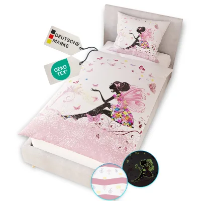 NYVI Renforce Kinderbettwäsche Glow in the Dark aus 100% Baumwolle - Vorderseite leuchtend, mit Wendemuster, Reißverschluss, OEKO-TEX 100 Größe:135x200 cm;Farbe:Fee