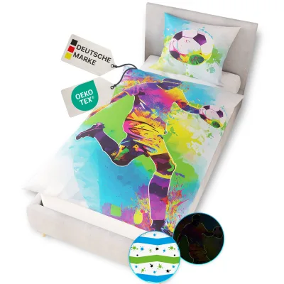 NYVI Renforce Kinderbettwäsche Glow in the Dark aus 100% Baumwolle - Vorderseite leuchtend, mit Wendemuster, Reißverschluss, OEKO-TEX 100 Größe:135x200 cm;Farbe:Fußball