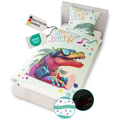 NYVI Renforce Kinderbettwäsche Glow in the Dark aus 100% Baumwolle - Vorderseite leuchtend, mit Wendemuster, Reißverschluss, OEKO-TEX 100 Größe:135x200 cm;Farbe:Party Dino
