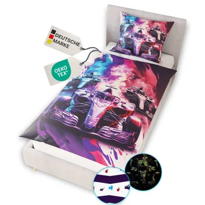 NYVI Renforce Kinderbettwäsche Glow in the Dark aus 100% Baumwolle - Vorderseite leuchtend, mit Wendemuster, Reißverschluss, OEKO-TEX 100 Größe:135x200 cm;Farbe:Rennautos