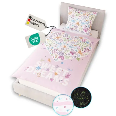 NYVI Renforce Kinderbettwäsche Glow in the Dark aus 100% Baumwolle - Vorderseite leuchtend, mit Wendemuster, Reißverschluss, OEKO-TEX 100 Größe:135x200 cm;Farbe:Sweet Dreams