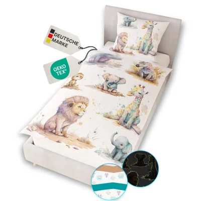 NYVI Renforce Kinderbettwäsche Glow in the Dark aus 100% Baumwolle - Vorderseite leuchtend, mit Wendemuster, Reißverschluss, OEKO-TEX 100 Größe:135x200 cm;Farbe:Tierkinder