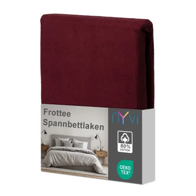 NYVI Spannbettlaken DreamScience Frottee - Warm und Kuschelig, hohe Feuchtigkeitsaufnahme, schnell trocknend - Frottier Spannbetttuch Bettlaken Farbe:bordeaux;Größe:180 - 200x220 + 40 cm Boxspringbett