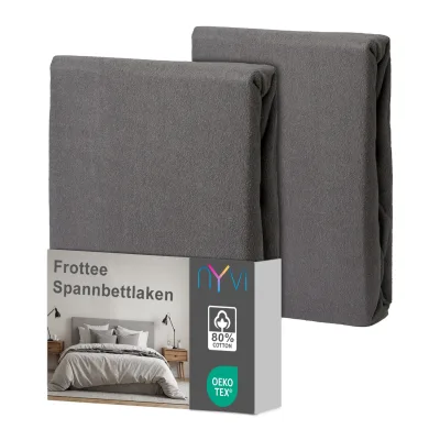 NYVI Spannbettlaken DreamScience Frottee - Warm und Kuschelig, hohe Feuchtigkeitsaufnahme, schnell trocknend - Frottier Spannbetttuch Bettlaken Farbe:grau;Größe:180 - 200x220 + 40 cm Boxspringbett (2er Pack)
