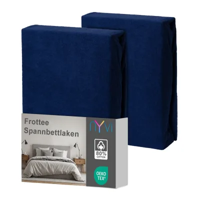 NYVI Spannbettlaken DreamScience Frottee - Warm und Kuschelig, hohe Feuchtigkeitsaufnahme, schnell trocknend - Frottier Spannbetttuch Bettlaken Farbe:navyblau;Größe:140x200 - 160x200 cm (2er Pack)