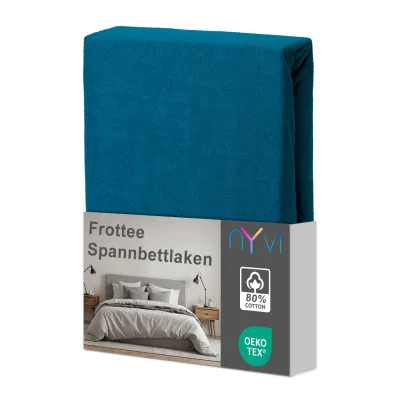 NYVI Spannbettlaken DreamScience Frottee - Warm und Kuschelig, hohe Feuchtigkeitsaufnahme, schnell trocknend - Frottier Spannbetttuch Bettlaken Farbe:petrol;Größe:180 - 200x220 + 40 cm Boxspringbett