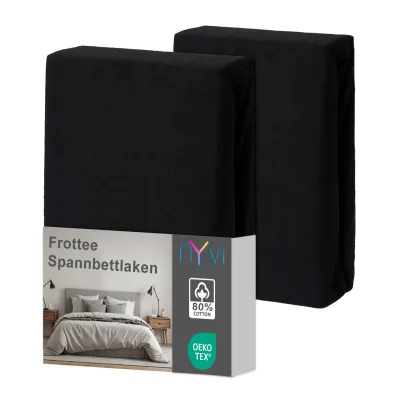 NYVI Spannbettlaken DreamScience Frottee - Warm und Kuschelig, hohe Feuchtigkeitsaufnahme, schnell trocknend - Frottier Spannbetttuch Bettlaken Farbe:schwarz;Größe:180x200 - 200x200 cm (2er Pack)