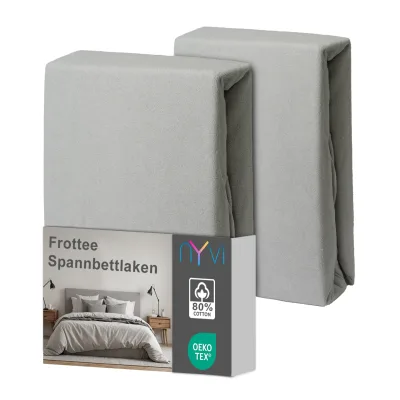 NYVI Spannbettlaken DreamScience Frottee - Warm und Kuschelig, hohe Feuchtigkeitsaufnahme, schnell trocknend - Frottier Spannbetttuch Bettlaken Farbe:silber;Größe:180 - 200x220 + 40 cm Boxspringbett (2er Pack)