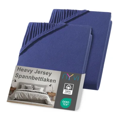 NYVI Spannbettlaken DreamScience Heavy Jersey  - Spannbetttuch, Formstabil, 160g/m², Rundum-Gummizug, Bügelfrei Farbe:navyblau;Größe:140x200 - 160x200 + 15 cm Topper (2er Pack)