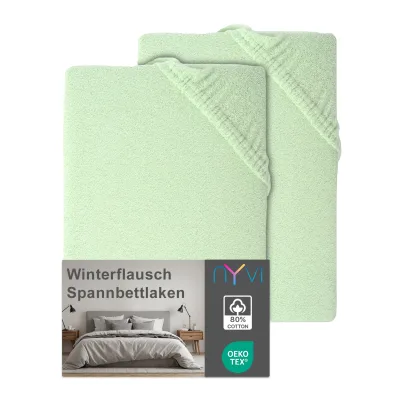 NYVI Spannbettlaken DreamScience Winterflausch für Matratzen bis 22 cm Höhe - Wärmendes & Kuschelweiches Winter Bettlaken Spannbetttuch Farbe:eukalyptus;Größe:180x200 - 200x200 cm (2er Pack)