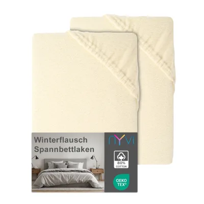 NYVI Spannbettlaken DreamScience Winterflausch für Matratzen bis 22 cm Höhe - Wärmendes & Kuschelweiches Winter Bettlaken Spannbetttuch Farbe:natur;Größe:180 - 200x220 + 40 cm Boxspringbett (2er Pack)