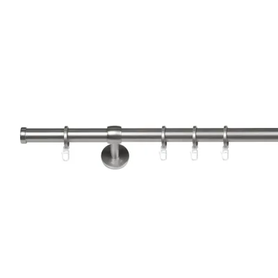 Ondeco Gardinenstange 1-lauf Wand-Deckenmontage Endstück Cap Komplettgarnitur 25mm mit Ringen und Faltelegehaken Farbe: Edelstahl-Optik, Größe: 240 cm