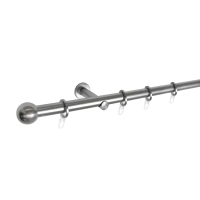 Ondeco Gardinenstange 1-lauf  Wandmontage Endstück Ball Komplettgarnitur 16 mm mit Ringen und Faltelegehaken Farbe: Edelstahl-Optik, Größe: 160 cm